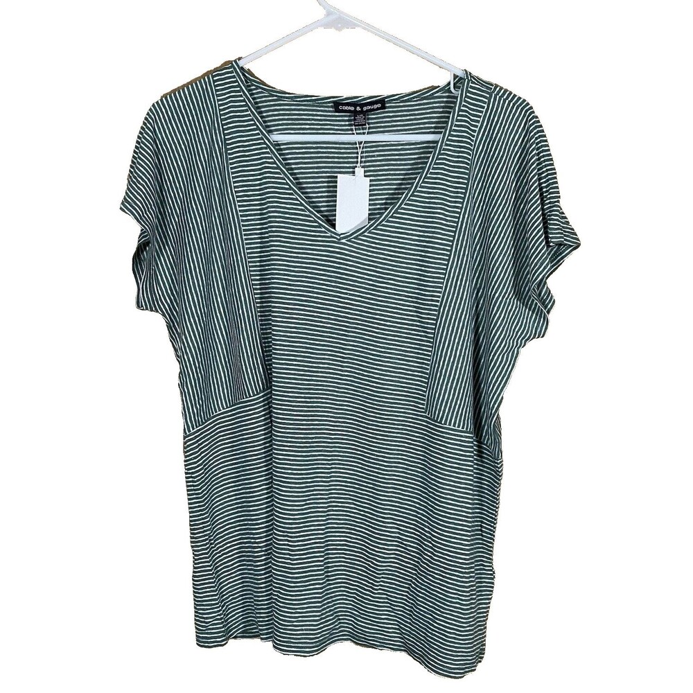 Cable & Gauge Green White Striped Linen Blend T-Shirt Boxy Top Women's Sz Lg NWT